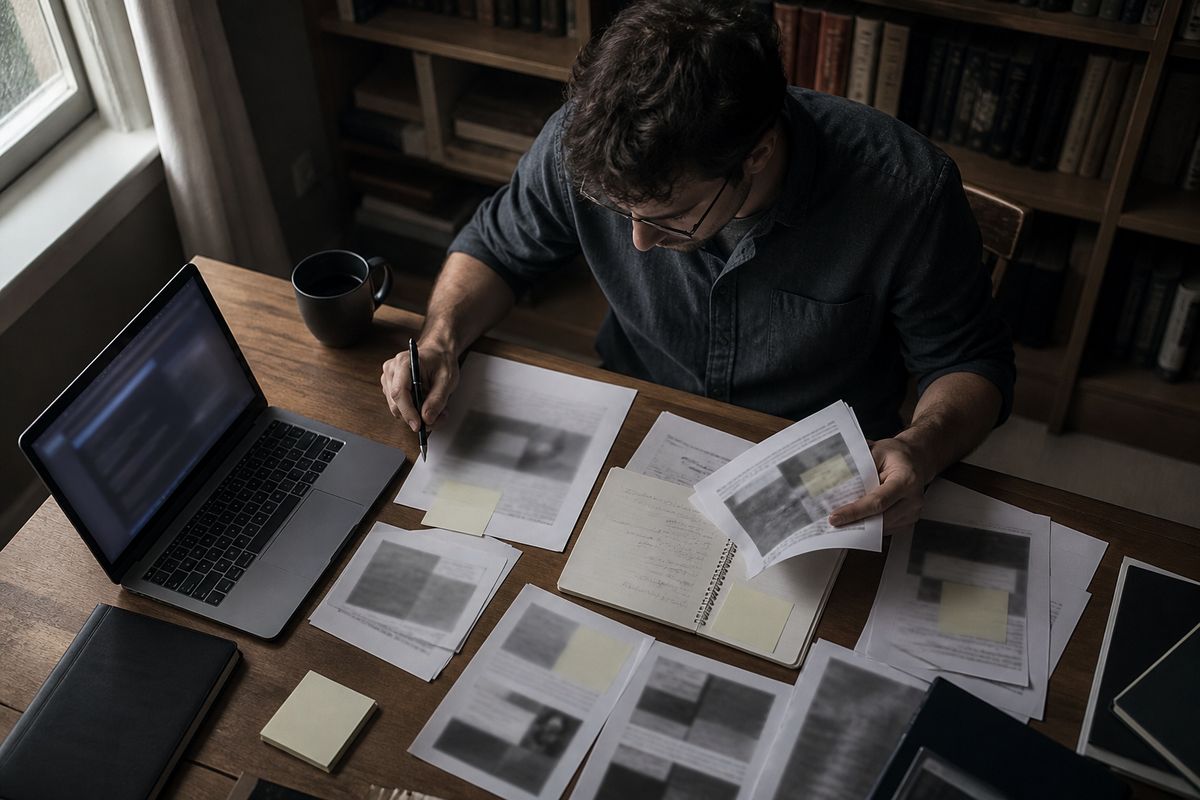 researcher organizing dark web resources on a desk