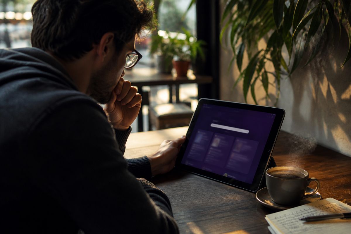person examining Tor search engines at a café