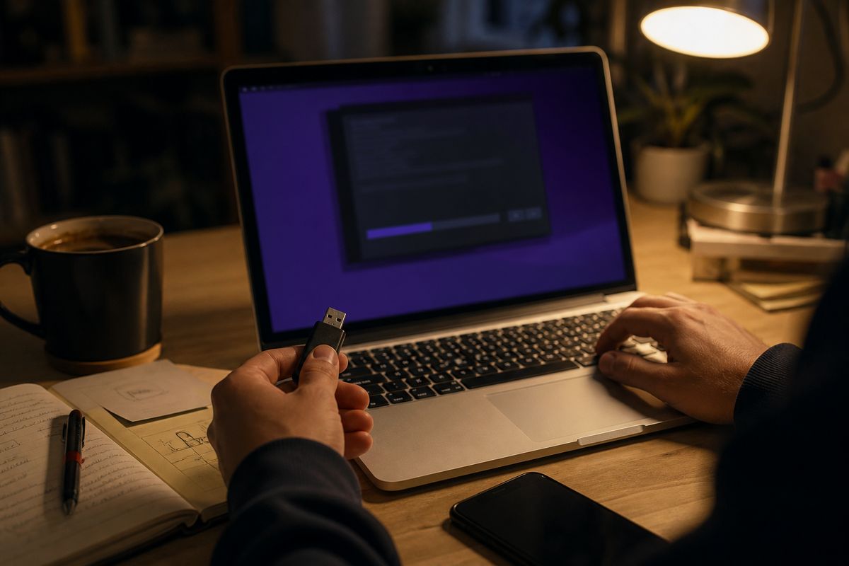 hands preparing Tails OS installation on a laptop