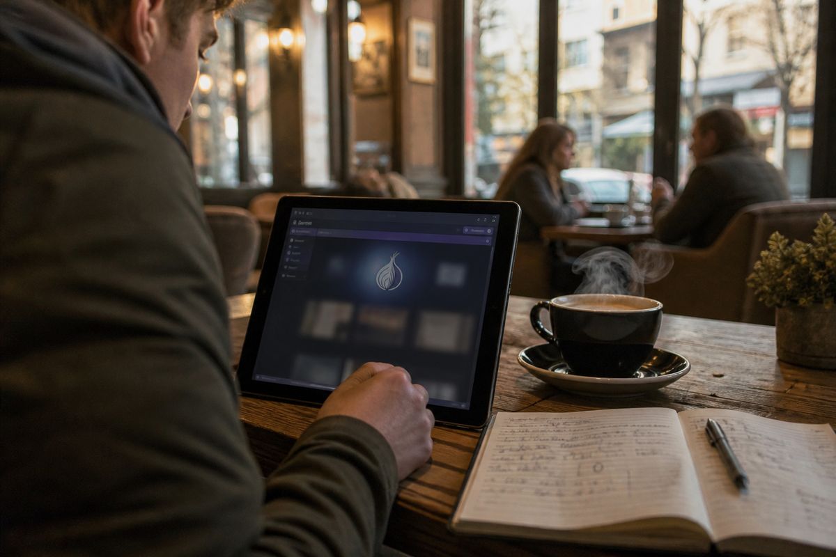 person using a tablet in a coffee shop