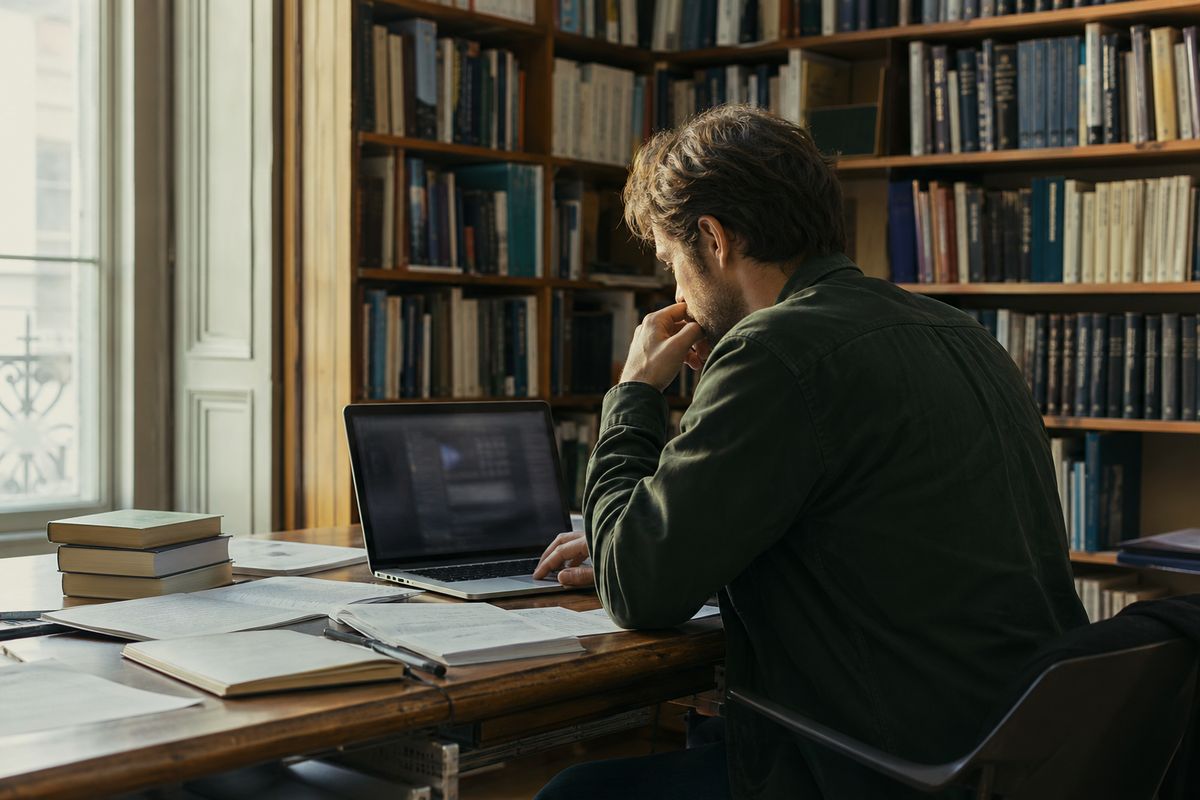 researcher exploring deep web resources in a library