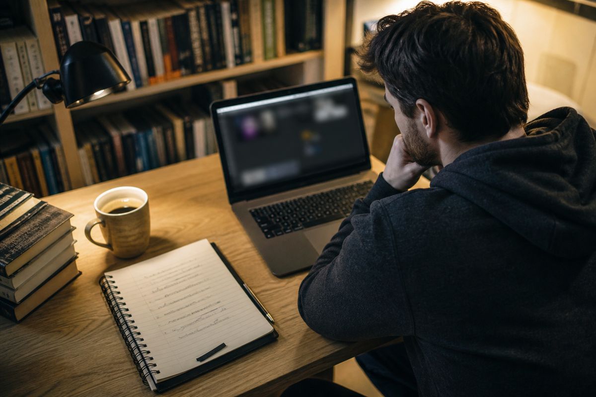 researcher at desk exploring dark web resources