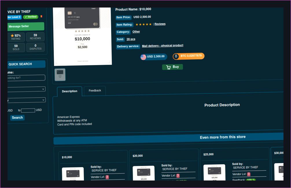 Darknet shop listing for cloned card service with price and reviews