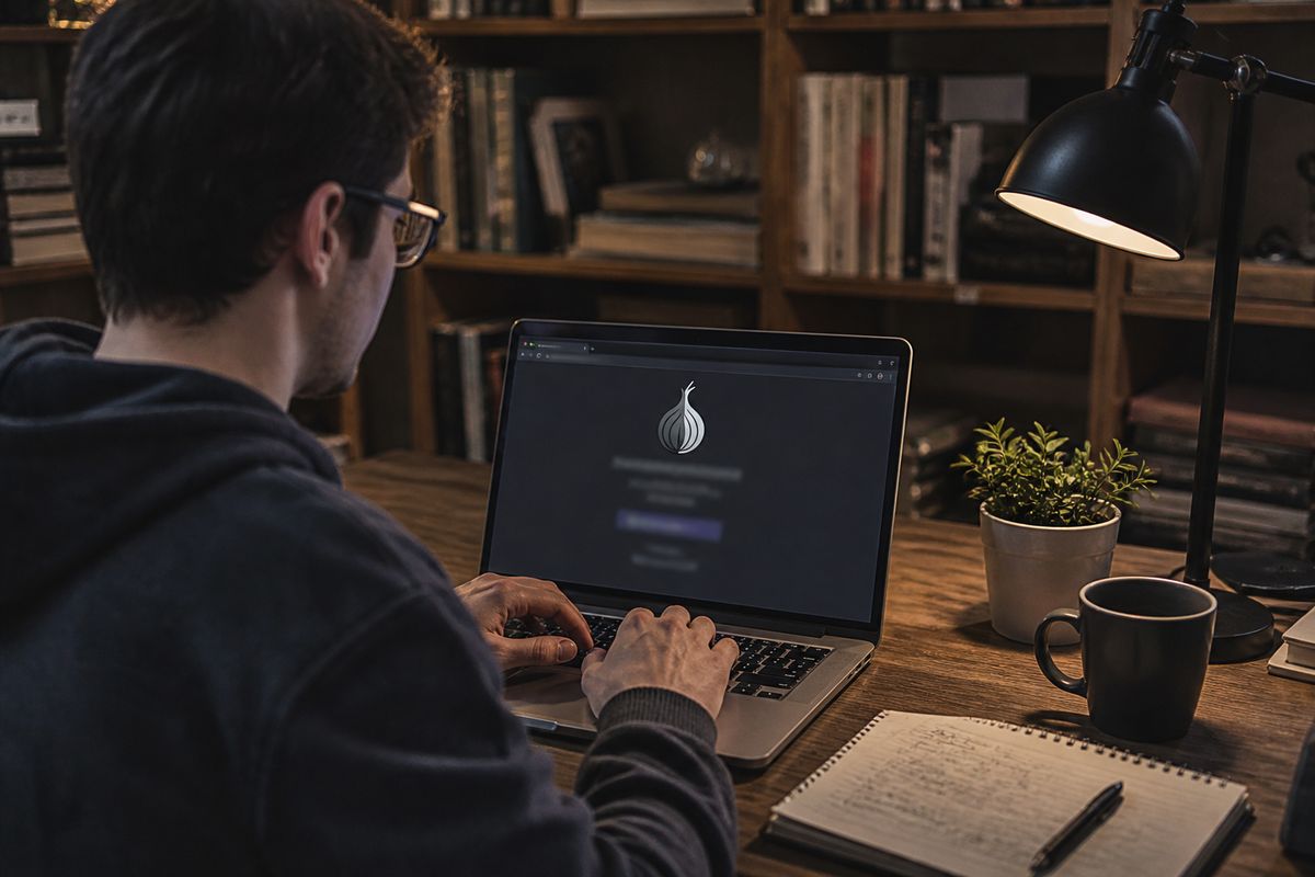 person using Tor Browser on a laptop