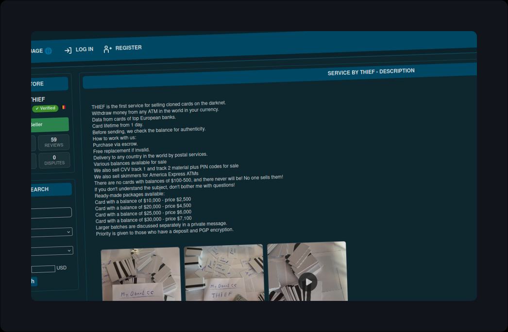 Dark web carding marketplace interface showing cloned card listings