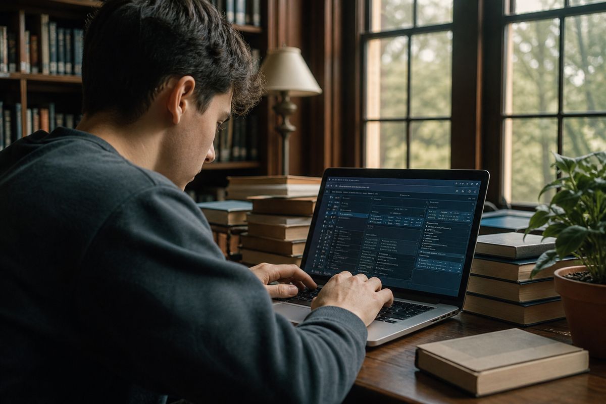 student using library database on laptop