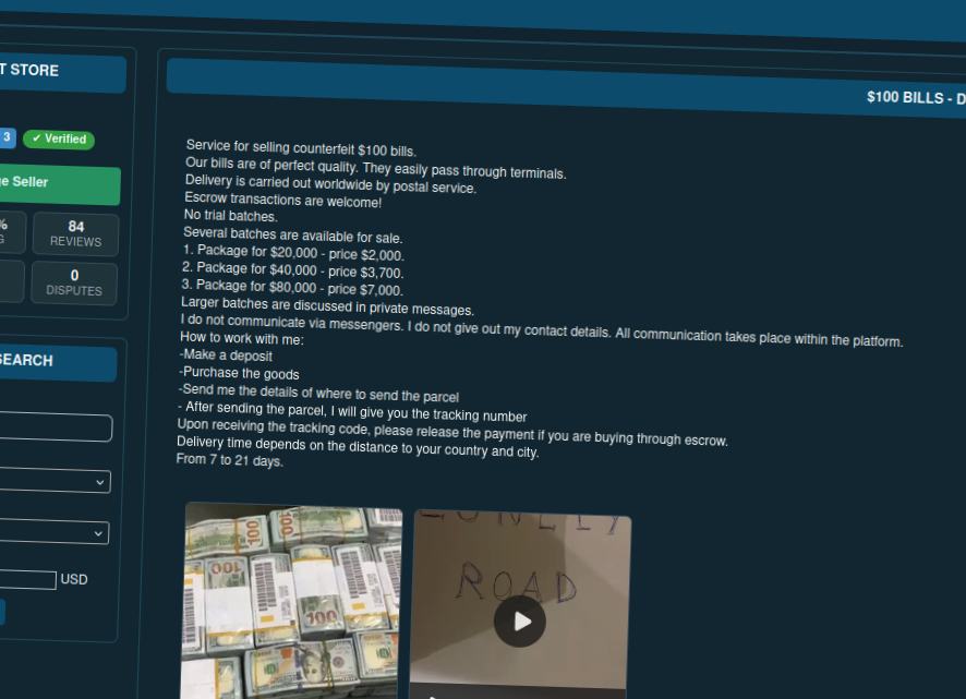 Website interface advertising counterfeit US dollar notes for sale.
