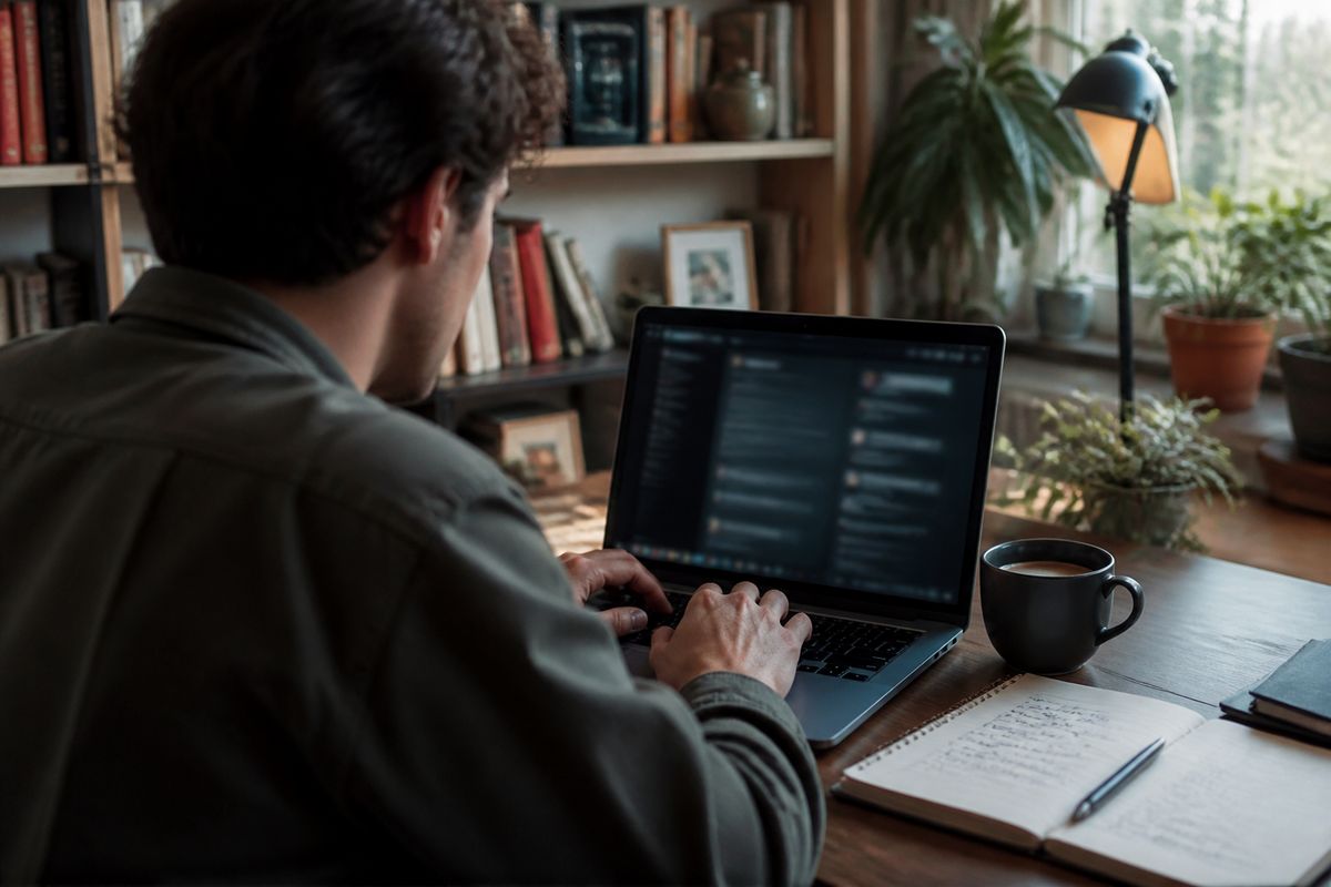 person exploring dark web resources at home