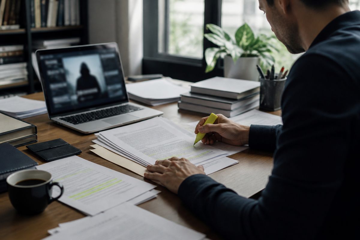 person reviewing dark web legal documents at desk