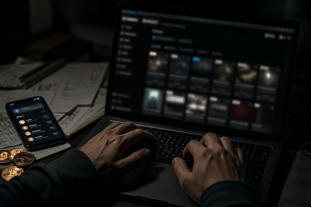 hands browsing dark web marketplace on laptop