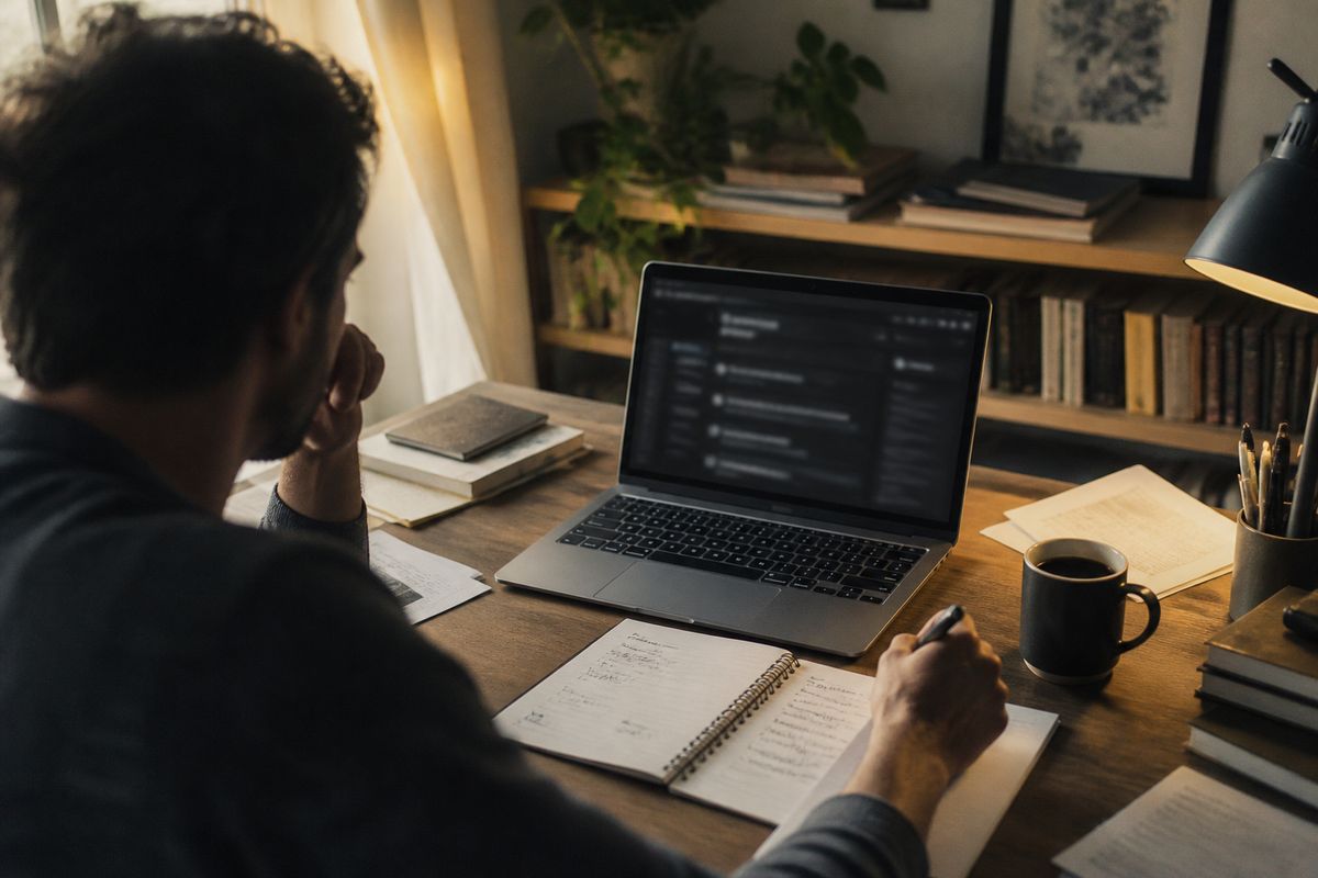 researcher in home office with laptop and notes