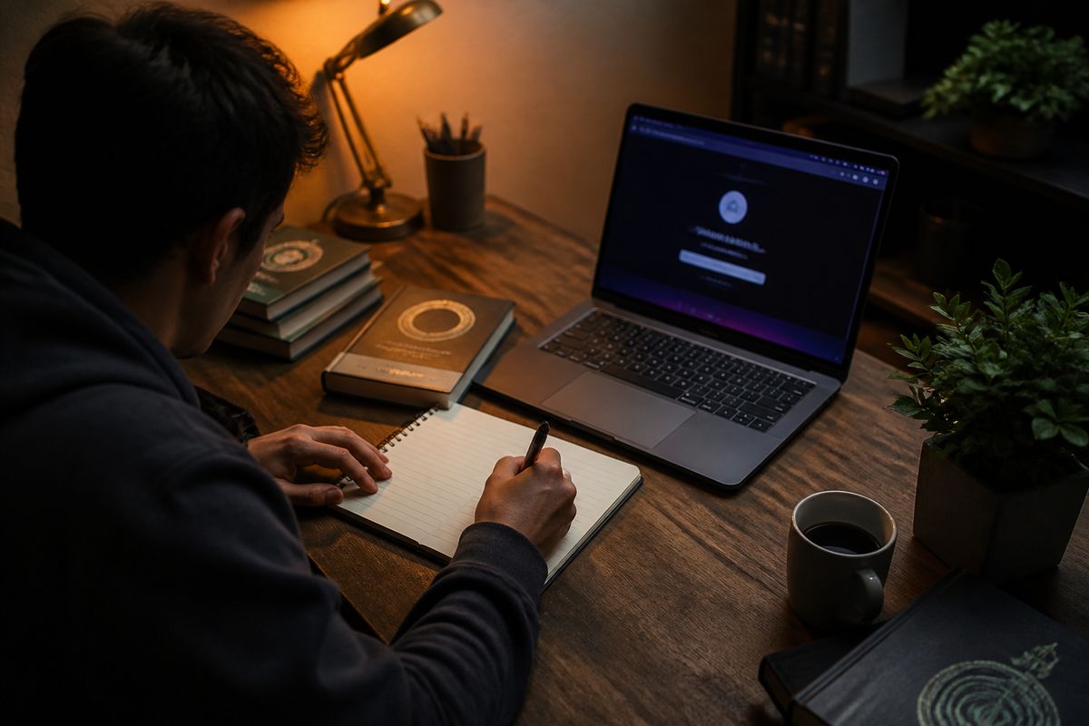 person taking notes at a desk with a laptop