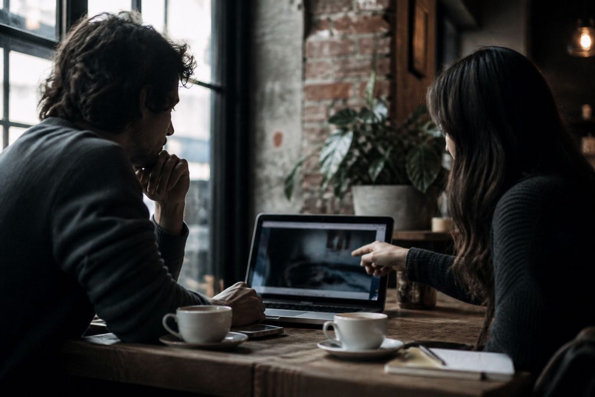 person discussing deep web at a cafe table