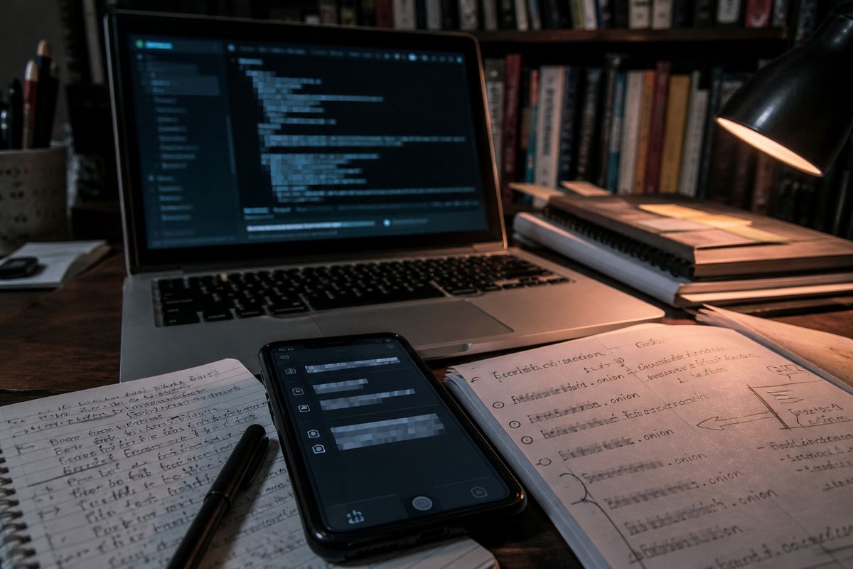 workspace with devices and dark web research materials