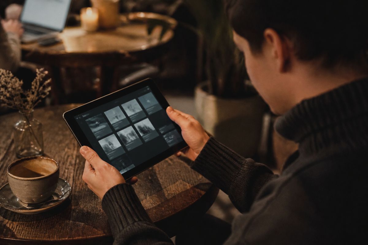 researcher in a cafe exploring dark web resources
