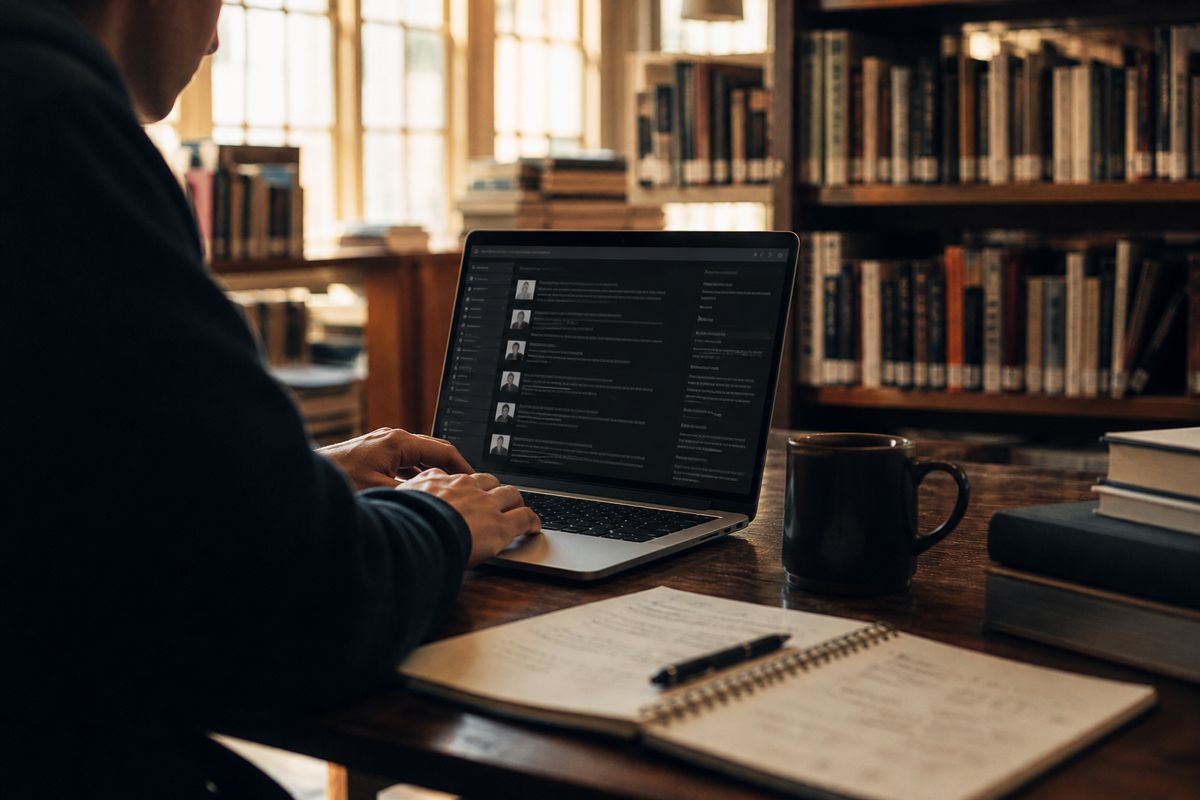 researcher at a library table with laptop