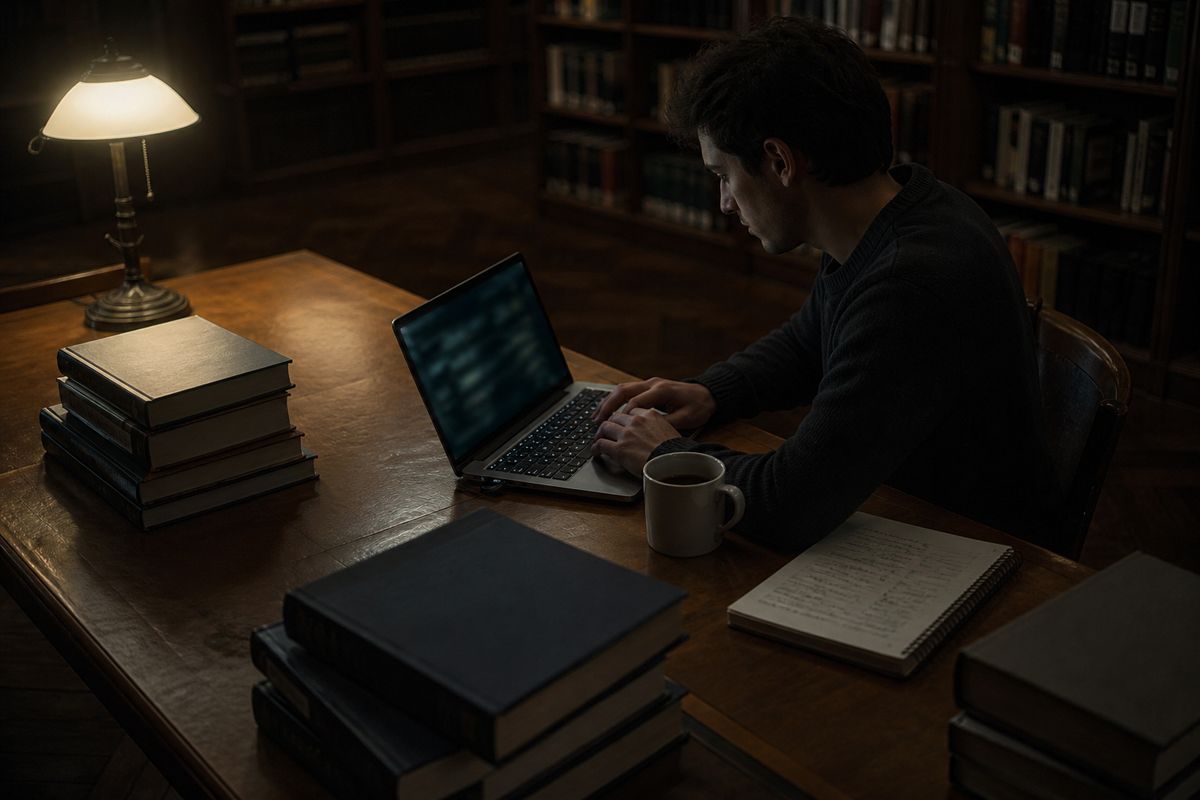 researcher studying dark web materials in a library