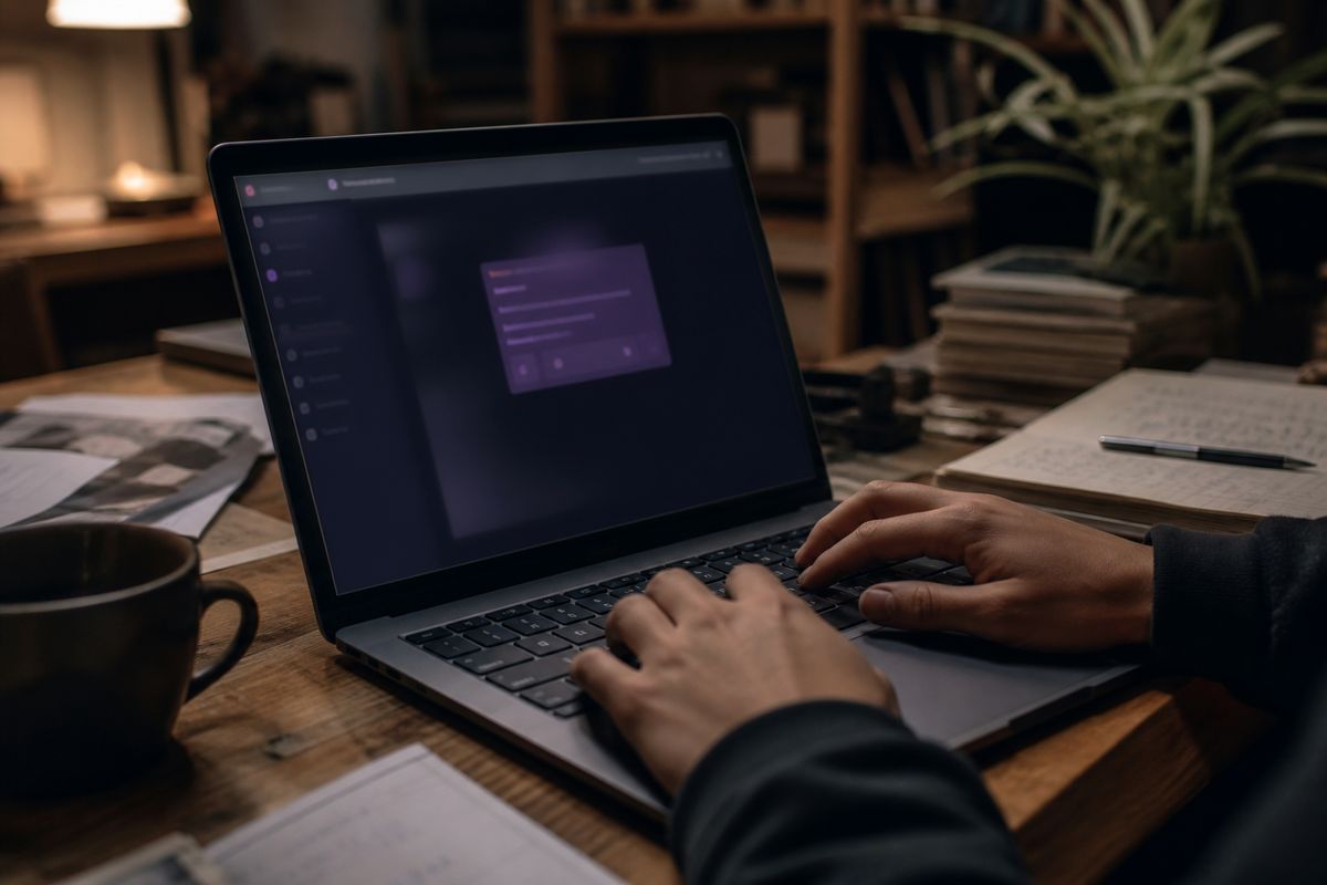 hands typing on a laptop in a cozy workspace